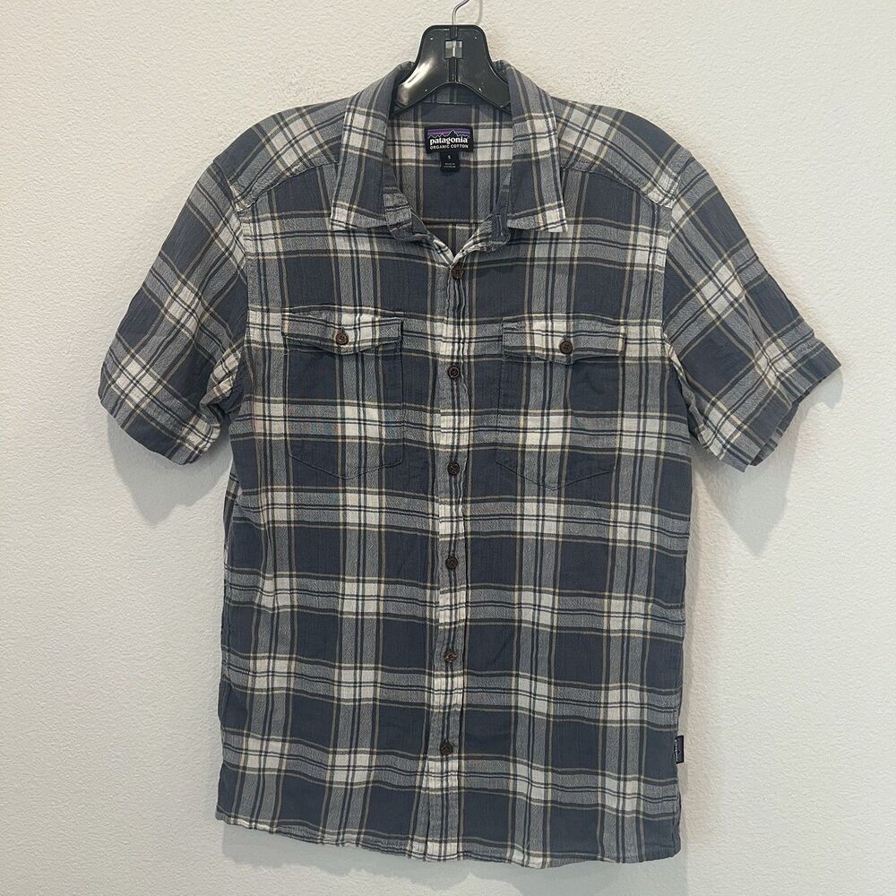 Patagonia Shirt Men Small Blue Gray Plaid Organic Cotton Button Short Sleeve